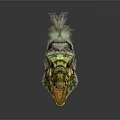 Detailed Feathered Dinosaur Head With Green Yellow Plumage And Red Eyes