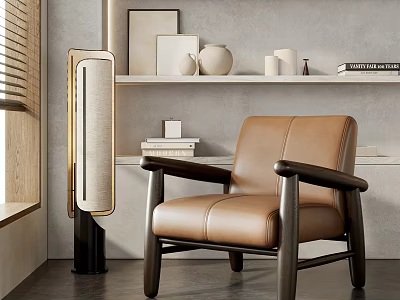 Brown Leather Accent Chair With Dark Wooden Arms Legs And Floor Lamp In Minimalist Interior 3d model