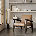 Brown Leather Accent Chair With Dark Wooden Arms Legs And Floor Lamp In Minimalist Interior