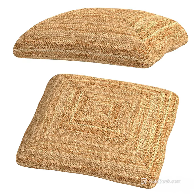 Set Of Two Natural Woven Ottoman Cushions With Square Pattern And Textured Design 3d model 