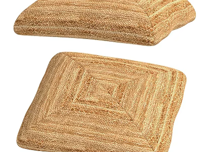 Set Of Two Natural Woven Ottoman Cushions With Square Pattern And Textured Design 3d model