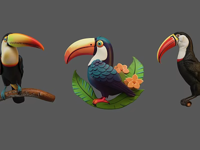 Colorful Tropical Toucans Perched On Branch With Green Leaves And Flowers 3d model