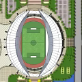 Modern Stadium Structure Featuring Circular Roof Green Football Field And Running Track