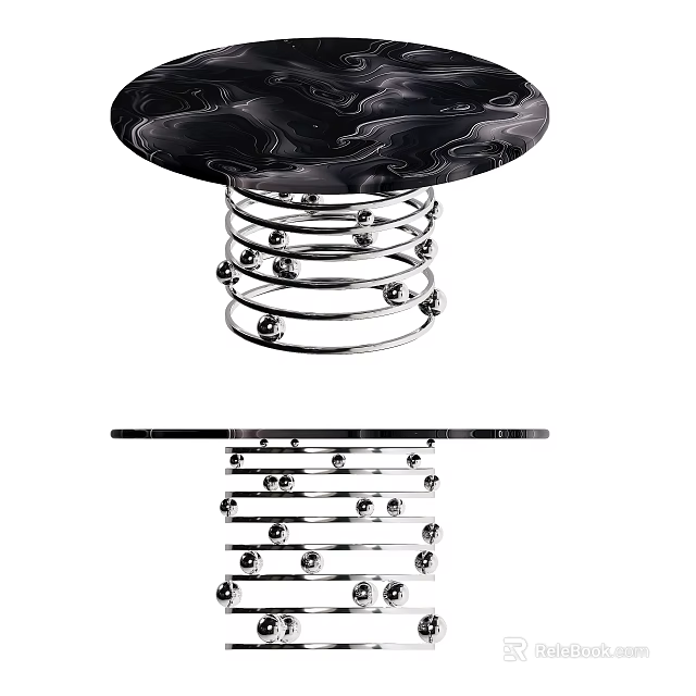 Modern Dining Table With Black Marble Tabletop And Silver Metal Spiral Base 3d model 
