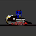 Electric Toy Train Locomotive With Yellow Star Ball And Blue Control Box On Wooden Platform