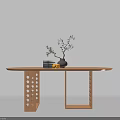 Wooden Oval Dining Table with Hollow Hole Leg Design and Vase Green Plant Books Lemons