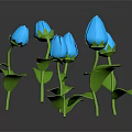 Blue Paper Art Flowers With Green Stems And Leaves On Dark Background