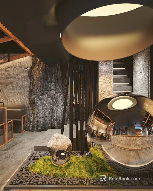 Natural Style Restaurant Interior With Rock Wall Wooden Accents And Round Mirror Lighting 3d model 