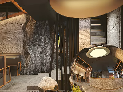 Natural Style Restaurant Interior With Rock Wall Wooden Accents And Round Mirror Lighting 3d model