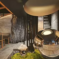 Natural Style Restaurant Interior With Rock Wall Wooden Accents And Round Mirror Lighting