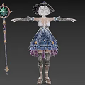 Fantasy Woman Character in Blue Star Patterned Dress with Hat and Magical Staff