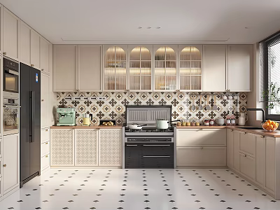 Modern Kitchen Interior With Light Cabinets Tiled Backsplash And Patterned Floor Appliances 3d model