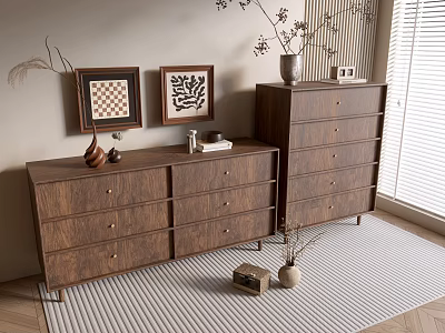 Two Modern Wooden Dressers With Multiple Drawers Framed Art Vase And Striped Rug 3d model