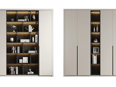 Modern Bookcase Design With Open Shelves Lighting Books Decorative Items And Photo Frames 3d model