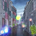 Wet Narrow Street With Colorful Buildings Street Lamps And Church Spire At Evening 3d model