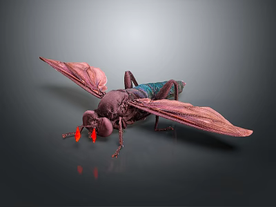 Colorful Insect With Red Eyes Spread Pink Wings And Purple Body On Gray Background 3d model