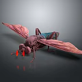 Colorful Insect With Red Eyes Spread Pink Wings And Purple Body On Gray Background