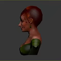 3D Rendered Female Character With Red Hair Green Off Shoulder Outfit And Green Earrings