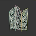 Elegant Three Panel Room Divider Screen With Golden Frame And Teal Floral Pattern