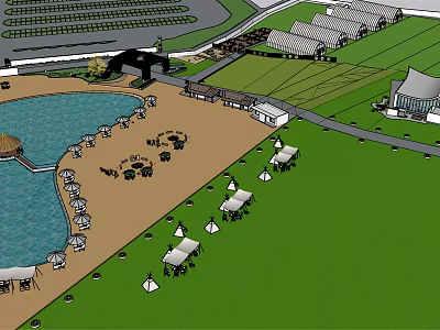 Garden Landscape With Water Area Sandy Beach Umbrellas Seating Areas Green Lawns And Planting 3d model