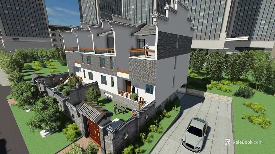 Semi Detached Villa With Traditional Modern Architecture Garden Courtyard Greenery And Balcony 3d model 