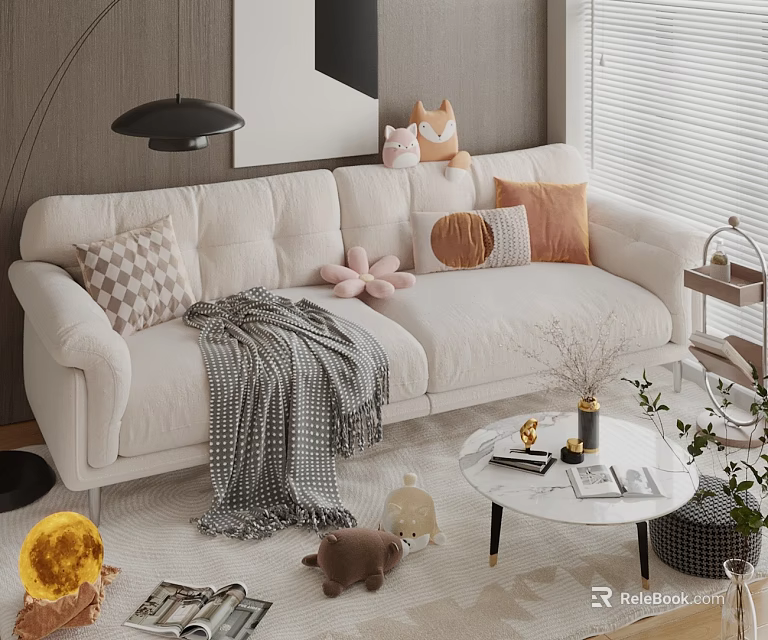 White Double Sofa With Patterned Pillows And Blanket Near Round Coffee Table And Plush Toys 3d model 