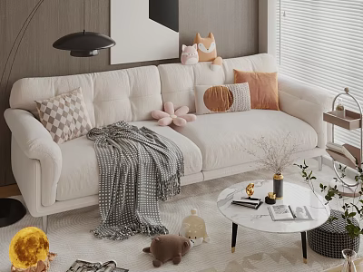 White Double Sofa With Patterned Pillows And Blanket Near Round Coffee Table And Plush Toys 3d model