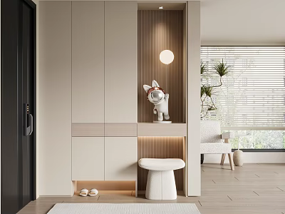 Modern Entryway Interior Design With Storage Cabinets Wooden Slats Round Pendant Light And White Stool 3d model