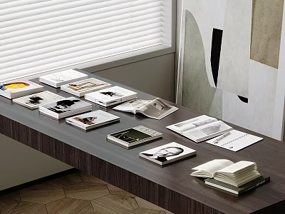 Open and Closed Books Magazines on Wooden Table in Modern Interior Setting 3d model