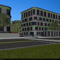 Modern Building Entrance Gate With Glass Curtain Wall Greenery And Road