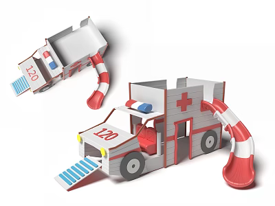 Ambulance Shaped Kids Play Equipment With Red White Slide And 120 Logo 3d model