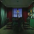 Dark Dining Room With Red Curtains Large Window And Hanging Lamp