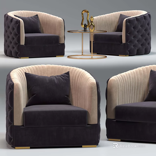 Modern Casual Sofa Combination With Velvet Upholstery Dark Beige Pillows And Gold Round Table 3d model 