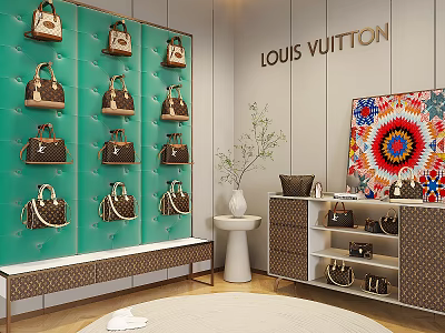 Louis Vuitton Showroom With Green Panel Wall Hanging Handbags And Decorative Art 3d model