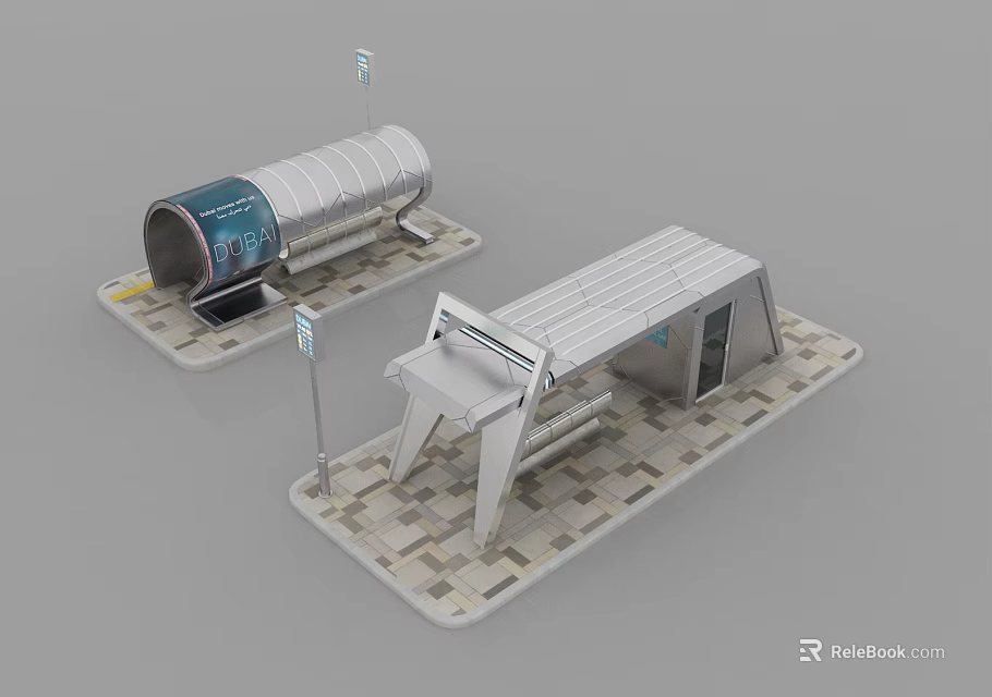 Two Different Modern Bus Shelter Designs With Roof Pillars Signage And Pavement Tiles 3d model 