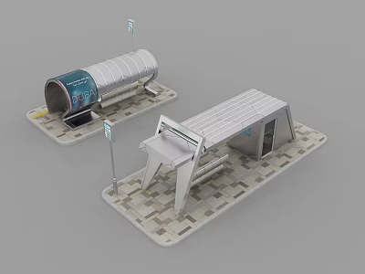 Two Different Modern Bus Shelter Designs With Roof Pillars Signage And Pavement Tiles 3d model
