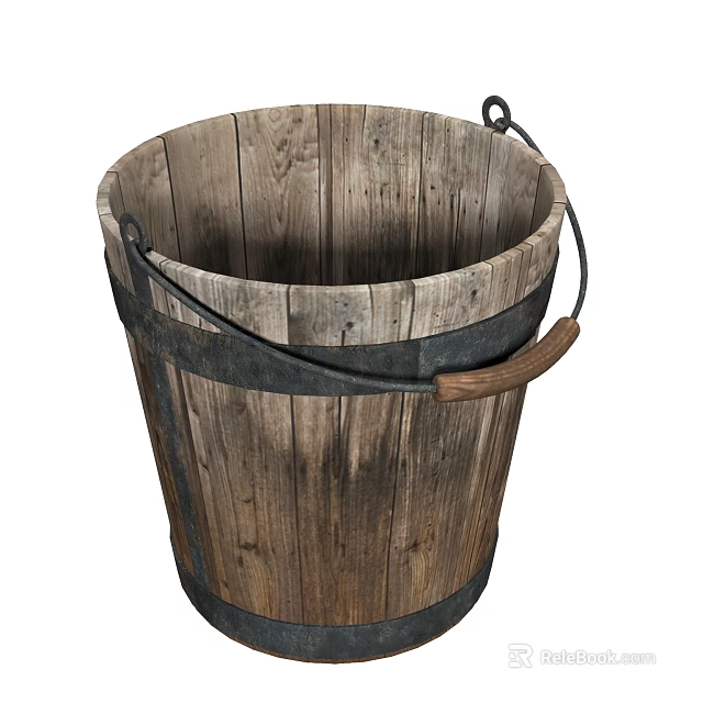 Vintage Rustic Wooden Bucket Decorative Ornament Set With Metal Hoops And Handle 3d model 