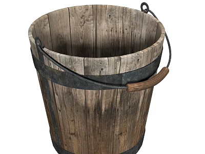 Vintage Rustic Wooden Bucket Decorative Ornament Set With Metal Hoops And Handle 3d model