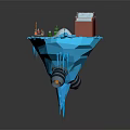 Red Building On Floating Iceberg Platform With Small Trees And Decorative Train