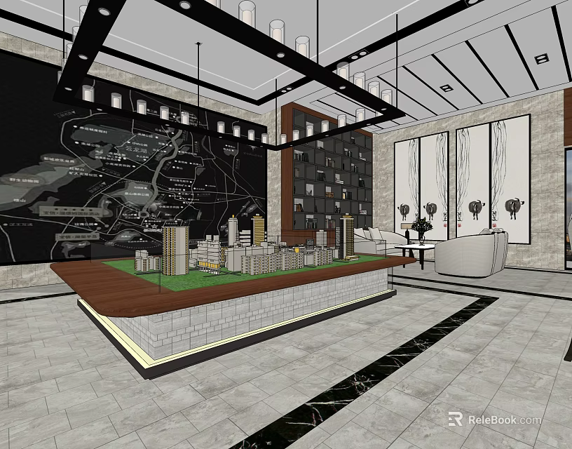 Modern Sales Office Interior Design With Real Estate Model Display Chandeliers And Sofa Decor 3d model 