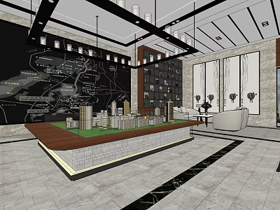 Modern Sales Office Interior Design With Real Estate Model Display Chandeliers And Sofa Decor 3d model