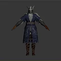 Fantasy Warrior Character With Horned Helmet Blue Embroidered Robe And Brown Boots