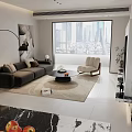 Modern Living and Dining Room Interior With Black Sofa Floor Lamp Artworks And Coffee Table
