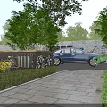 Blue Car Parked On Stone Pathway Surrounded By Green Trees Stone Wall And Yellow Flowers