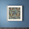 Botanical Plant Painting With Repeating Leaf Patterns In White Frame On Blue Wall 3d model