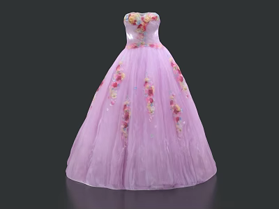 Elegant Strapless Purple Long Dress With Floral Patterns And Flowy Silhouette 3d model
