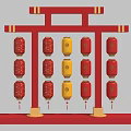 Traditional Chinese Red and Yellow Lanterns with Fu Characters and Hanging Frame