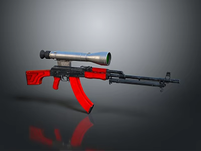 Red Tactical Rifle With Long Sniper Scope And Black Metal Barrel Design 3d model