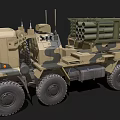 Military Weapon System Mounted On Camouflage Truck With Multiple Rocket Launchers