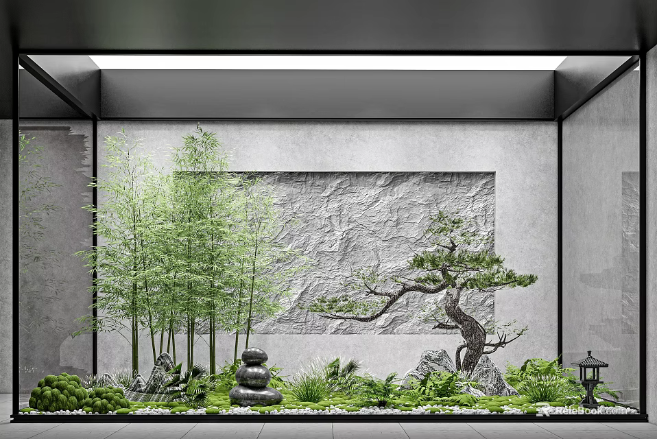 Indoor Landscape With Bamboo Pine Tree Stacked Stones Rocky Stone Backdrop And Stone Lantern 3d model 